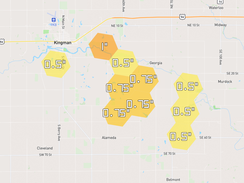 Hail map of Murdock, KS on Jun 2, 2026, hail up to 1"