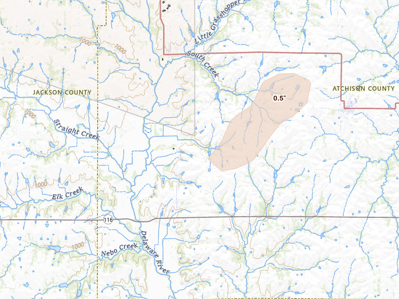 Radar-estimated hail-size map of the storm over Muscotah, KS on Mar 5, 2026