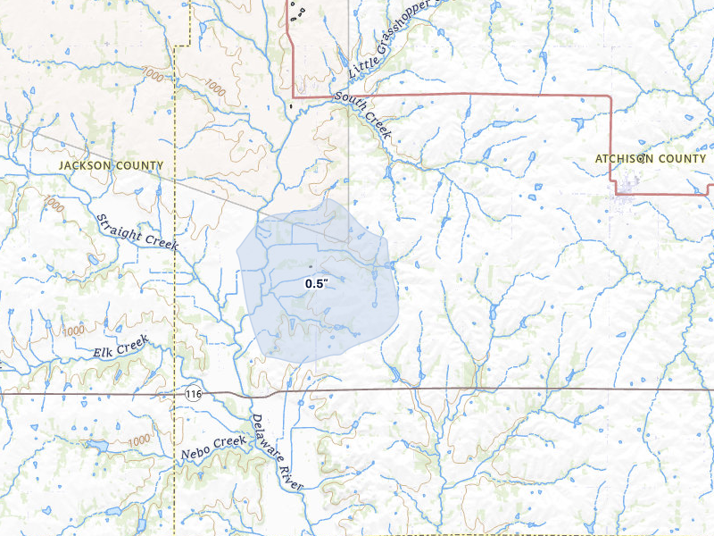 NEXRAD radar-signature map of the hail storm over Muscotah, KS on Mar 6, 2026