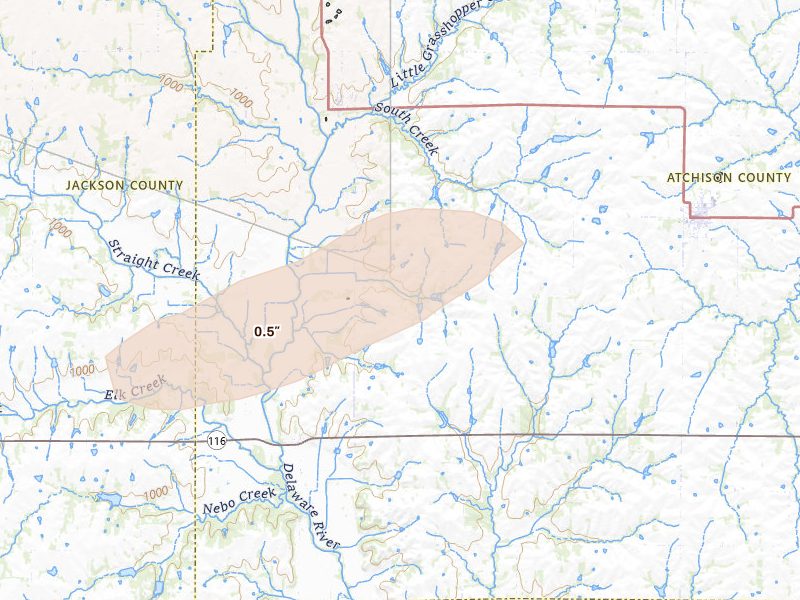 Radar-estimated hail-size map of the storm over Muscotah, KS on Mar 31, 2026