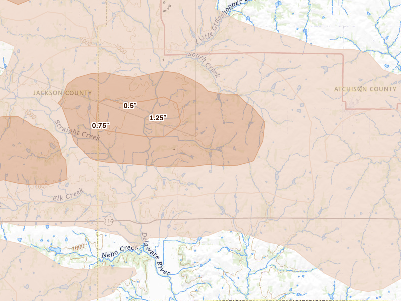Radar-estimated hail-size map of the storm over Muscotah, KS on Aug 18, 2026