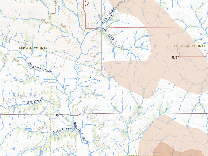 Radar-estimated hail-size map of the storm over Muscotah, KS on Aug 21, 2026