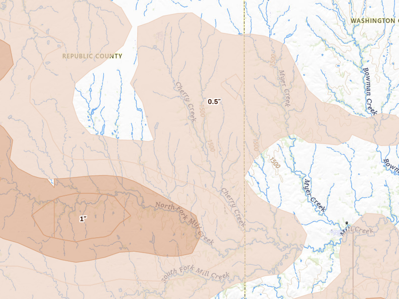 Radar-estimated hail-size map of the storm over Narka, KS on Apr 9, 2026