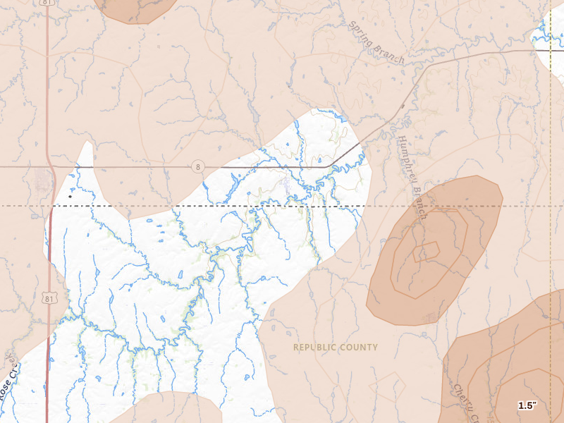 Radar-estimated hail-size map of the storm over Narka, KS on May 16, 2026