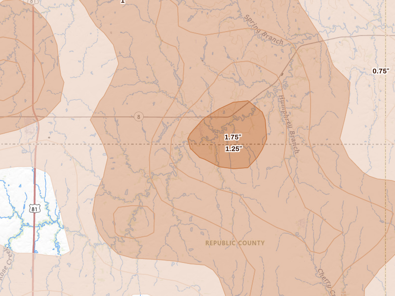 Radar-estimated hail-size map of the storm over Narka, KS on Jul 3, 2026