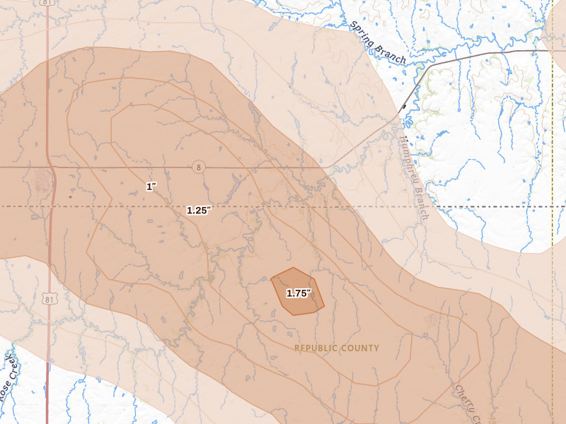 Radar-estimated hail-size map of the storm over Narka, KS on Jul 8, 2026