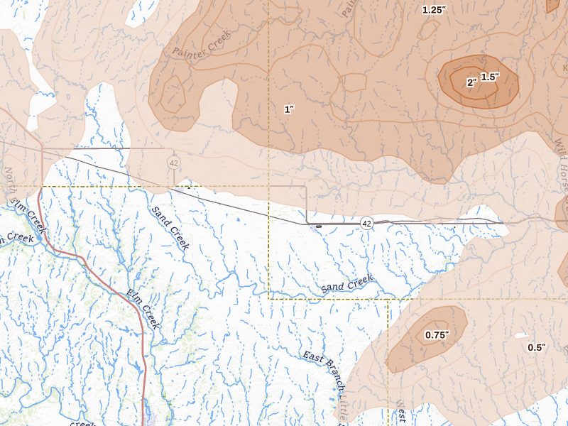 Radar-estimated hail-size map of the storm over Nashville, KS on May 18, 2026