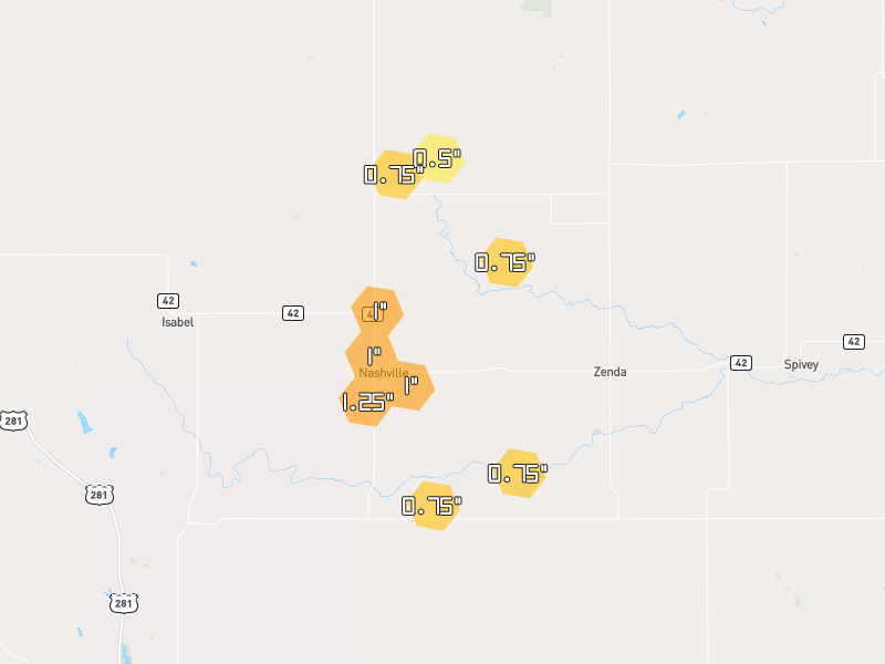 Hail map of Nashville, KS on Jun 2, 2026, hail up to 1.25"