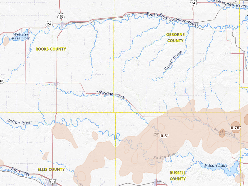 Radar-estimated hail-size map of the storm over Natoma, KS on Apr 26, 2026