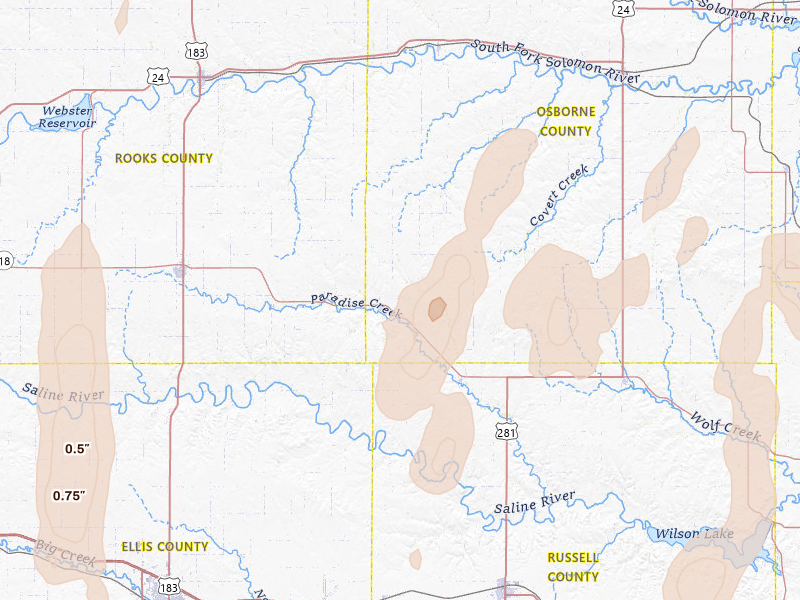 Radar-estimated hail-size map of the storm over Natoma, KS on May 30, 2026