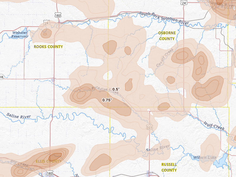 Radar-estimated hail-size map of the storm over Natoma, KS on Jun 8, 2026