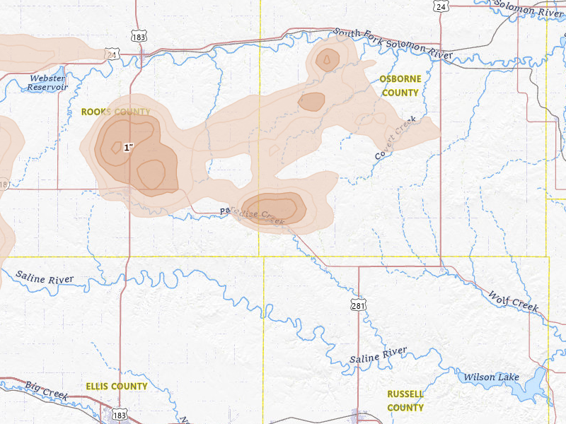 Radar-estimated hail-size map of the storm over Natoma, KS on Jul 3, 2026