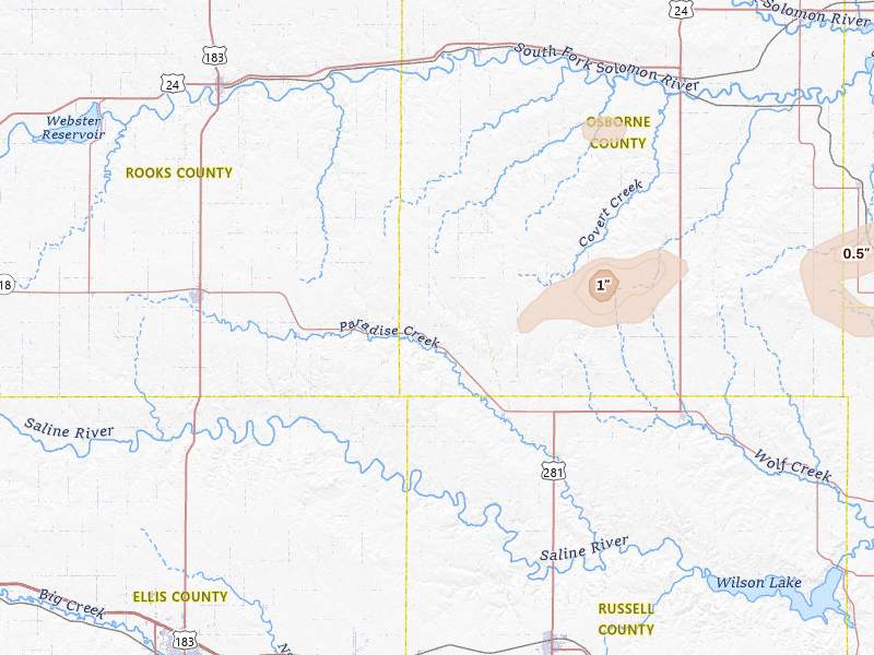Radar-estimated hail-size map of the storm over Natoma, KS on Jul 23, 2026