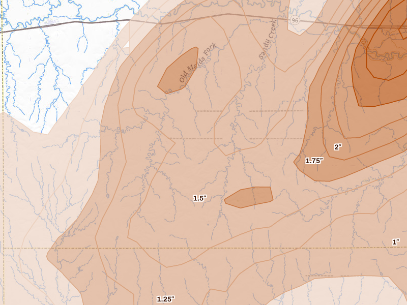 Radar-estimated hail-size map of the storm over Nekoma, KS on May 17, 2026