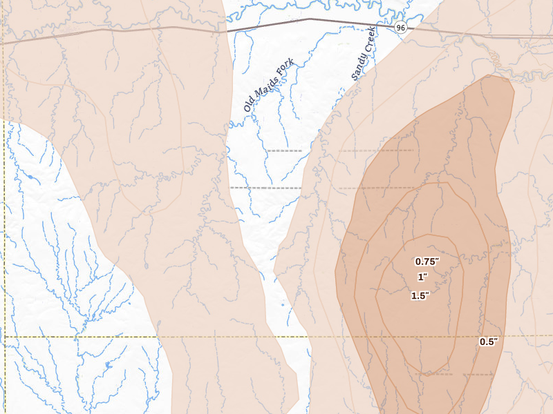 Radar-estimated hail-size map of the storm over Nekoma, KS on May 30, 2026