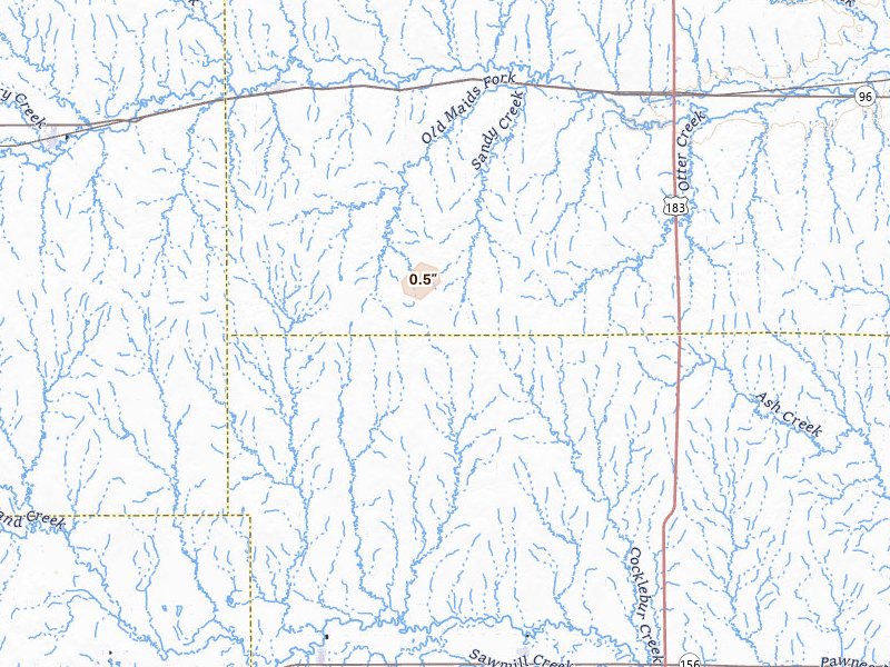 Radar-estimated hail-size map of the storm over Nekoma, KS on Jul 4, 2026