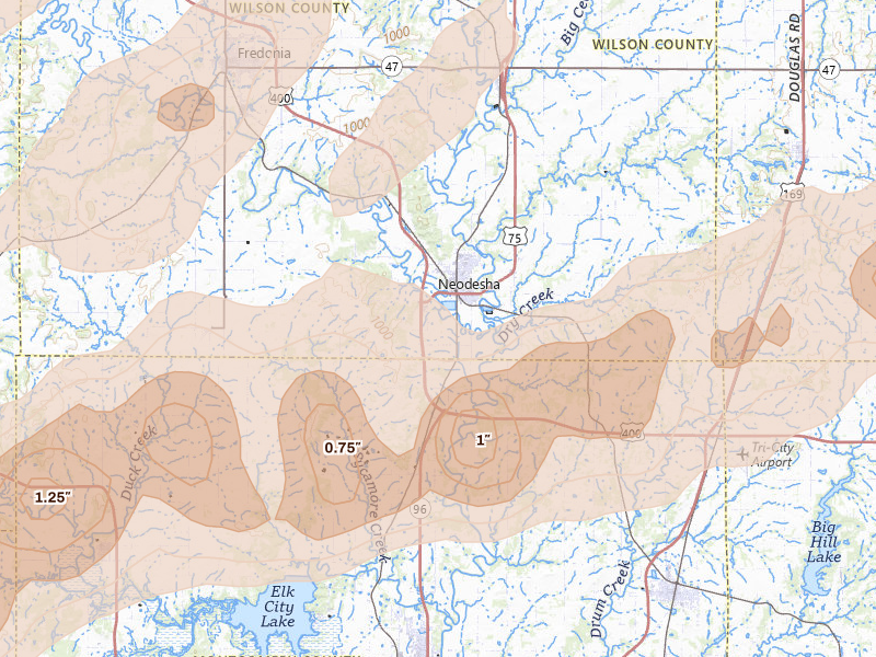 Radar-estimated hail-size map of the storm over Neodesha, KS on Apr 17, 2026