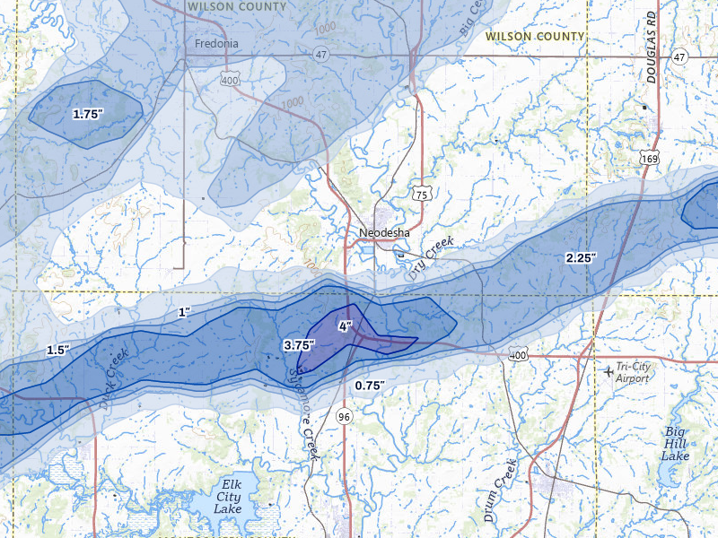 NEXRAD radar-signature map of the hail over Neodesha, KS