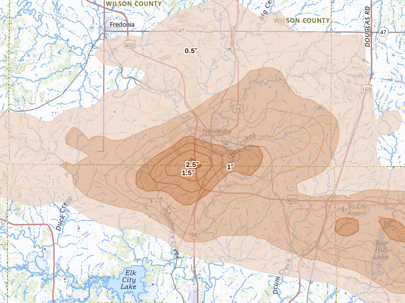 Radar-estimated hail-size map of the storm over Neodesha, KS on Apr 26, 2026