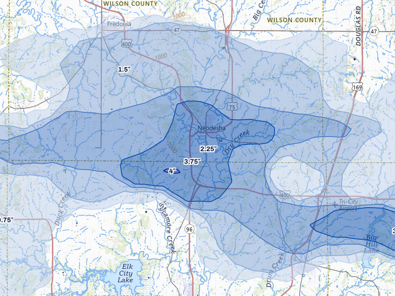 NEXRAD radar-signature map of the hail over Neodesha, KS