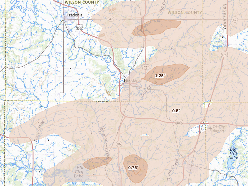 Radar-estimated hail-size map of the storm over Neodesha, KS on May 31, 2026
