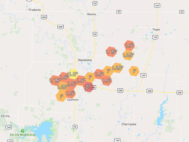 Hail map of Neodesha, KS on Jun 1, 2026, hail up to 2"