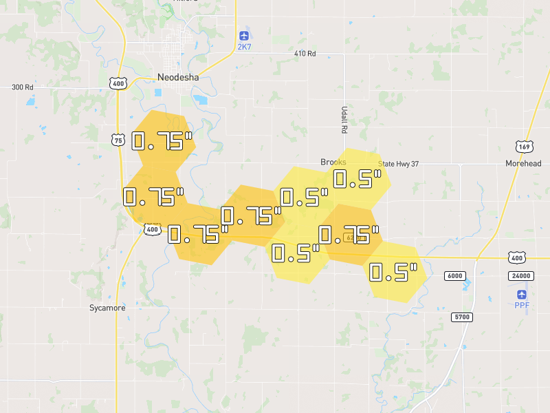 Hail map of Neodesha, KS on Jun 9, 2026, hail up to 0.75"