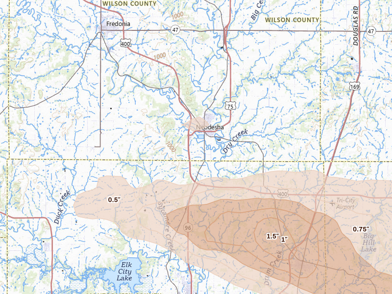 Radar-estimated hail-size map of the storm over Neodesha, KS on Jun 11, 2026