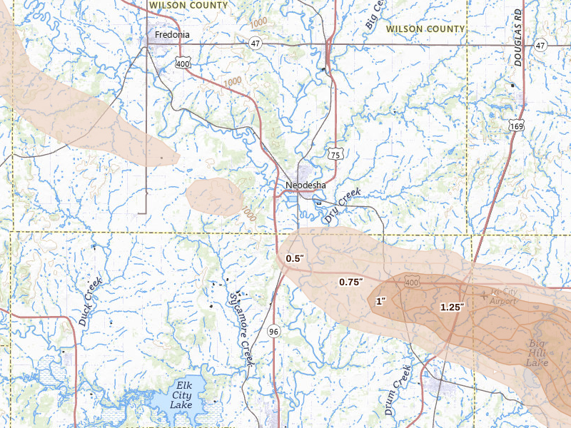 Radar-estimated hail-size map of the storm over Neodesha, KS on Jun 25, 2026