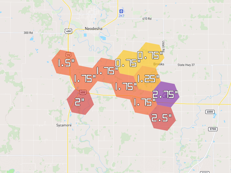 Hail map of Neodesha, KS on Jun 26, 2026, hail up to 2.75"