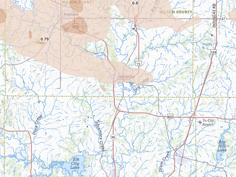 Radar-estimated hail-size map of the storm over Neodesha, KS on Jul 10, 2026