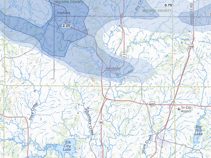 NEXRAD radar-signature map of the hail storm over Neodesha, KS on Jul 10, 2026