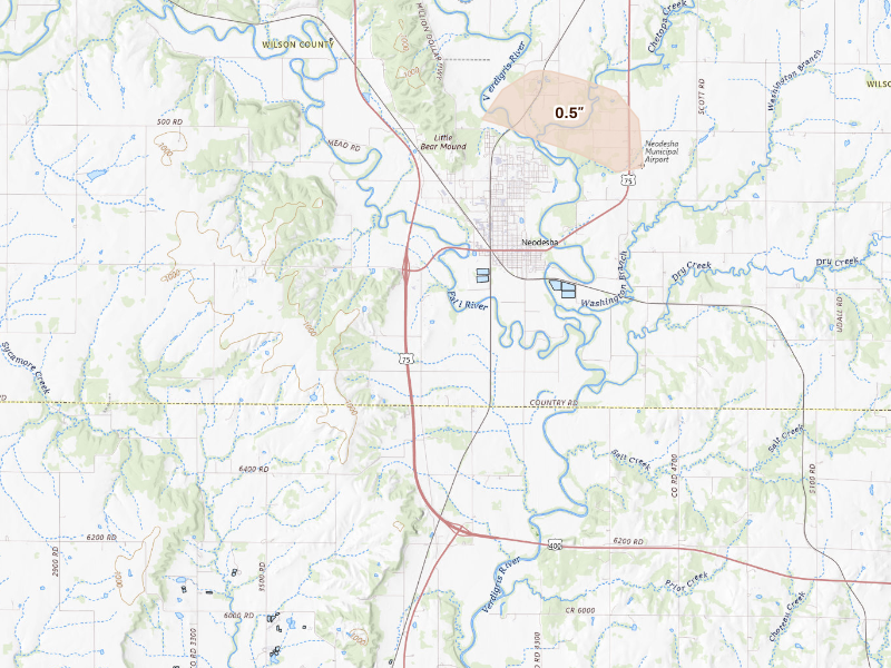 Radar-estimated hail-size map of the storm over Neodesha, KS