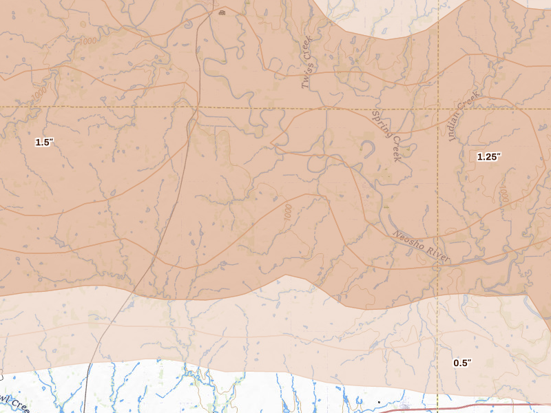 Radar-estimated hail-size map of the storm over Neosho Falls, KS on Apr 26, 2026