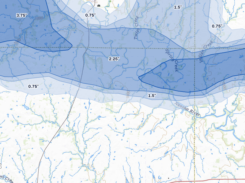 NEXRAD radar-signature map of the hail over Neosho Falls, KS