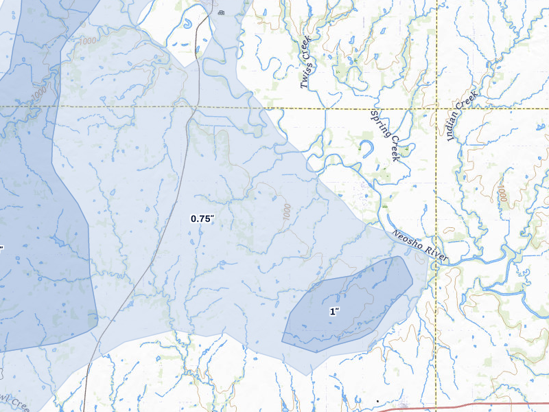 NEXRAD radar-signature map of the hail storm over Neosho Falls, KS on May 30, 2026