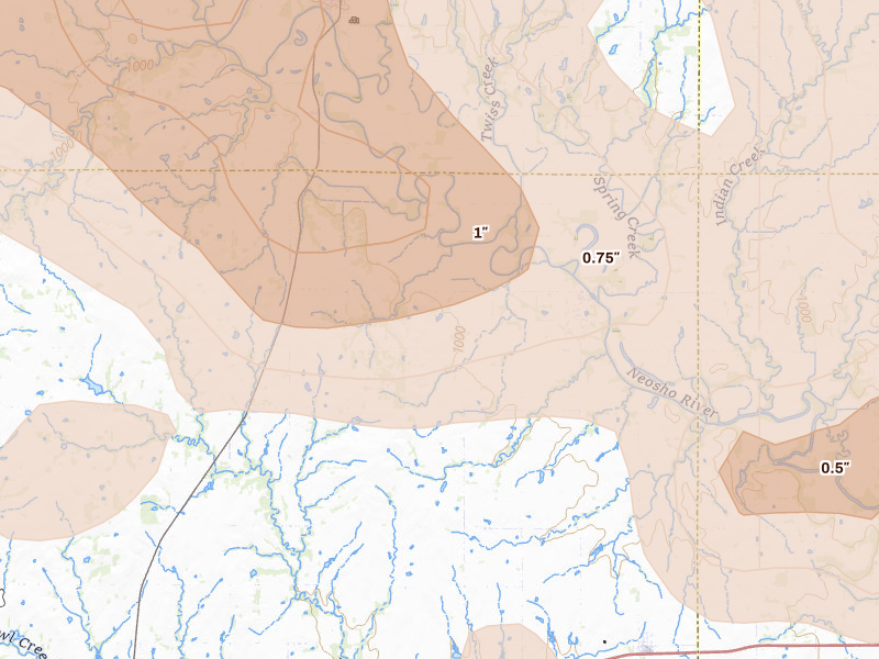 Radar-estimated hail-size map of the storm over Neosho Falls, KS on May 31, 2026