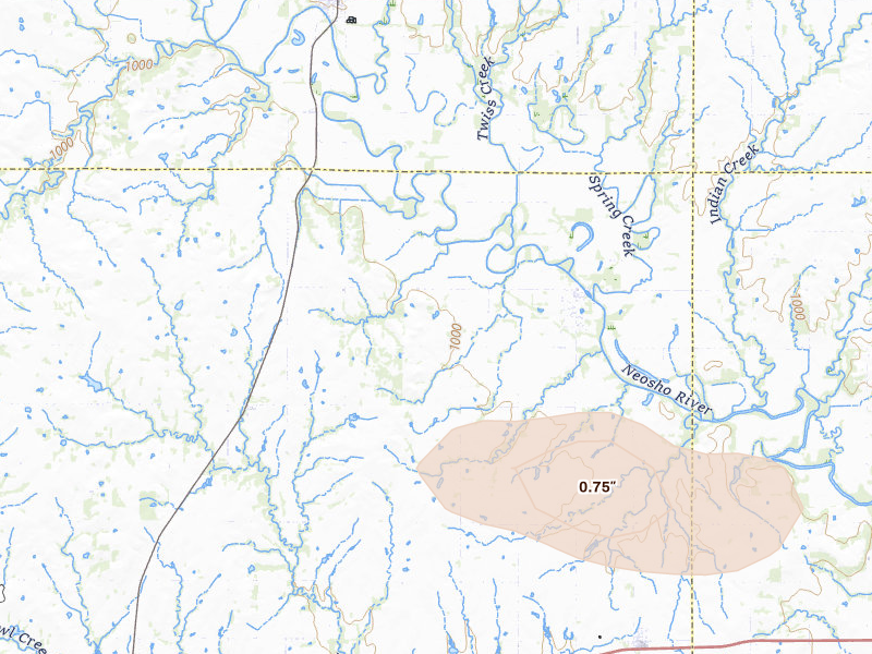 Radar-estimated hail-size map of the storm over Neosho Falls, KS on Jun 18, 2026