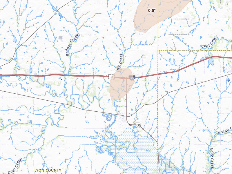 Radar-estimated hail-size map of the storm over Neosho Rapids, KS on Mar 10, 2026