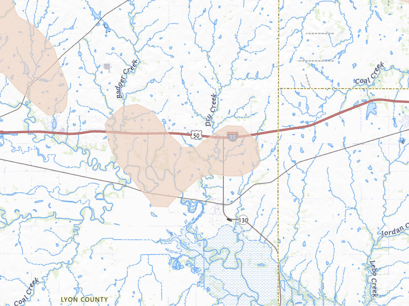 Radar-estimated hail-size map of the storm over Neosho Rapids, KS on Jun 8, 2026