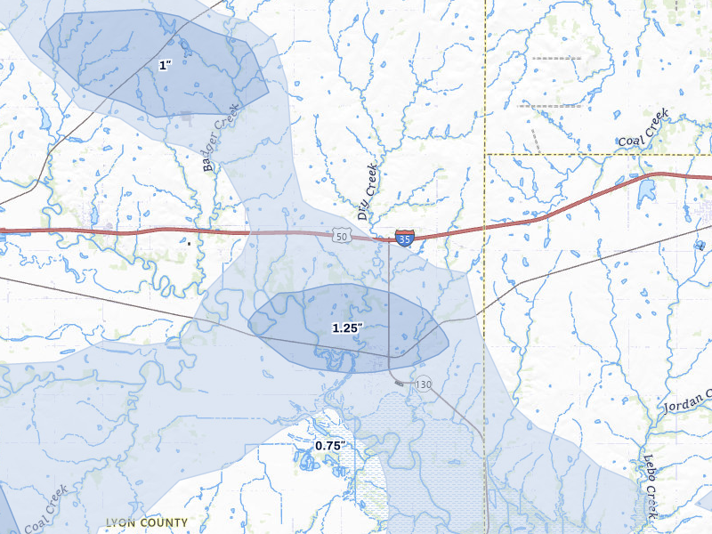 NEXRAD radar-signature map of the hail over Neosho Rapids, KS