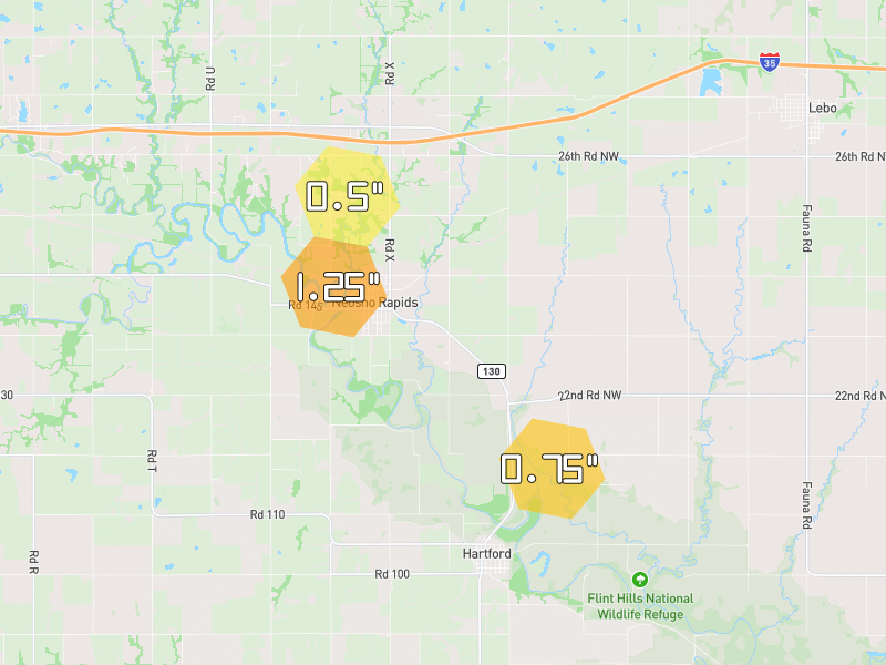 Hail map of Neosho Rapids, KS on Jun 9, 2026, hail up to 1.25"