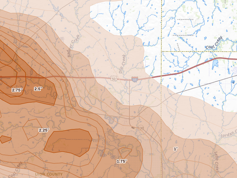 Radar-estimated hail-size map of the storm over Neosho Rapids, KS on Aug 5, 2026