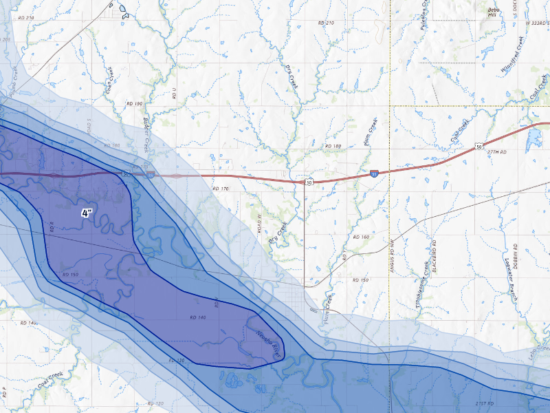NEXRAD radar-signature map of the hail storm over Neosho Rapids, KS on Aug 5, 2026