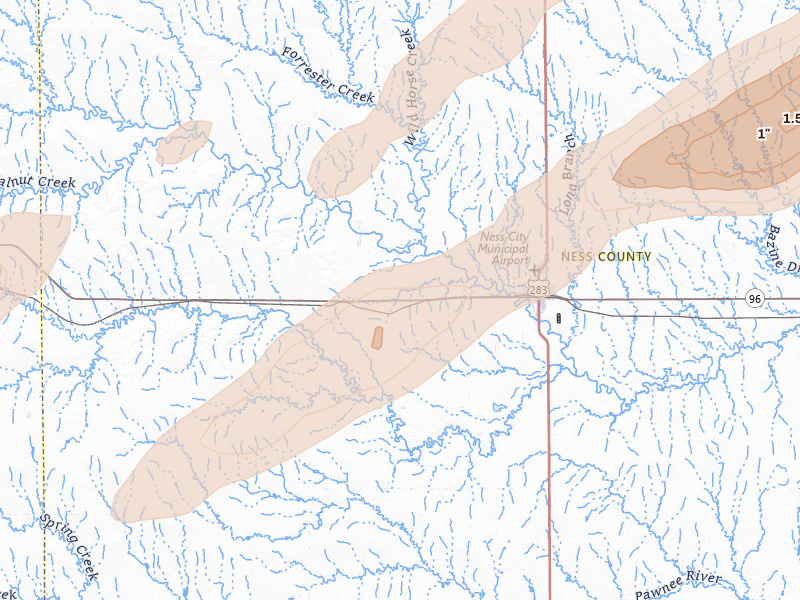 Radar-estimated hail-size map of the storm over Ness City, KS on Apr 26, 2026