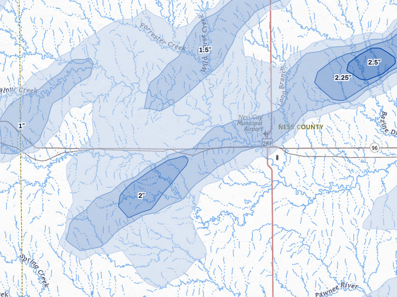 NEXRAD radar-signature map of the hail over Ness City, KS
