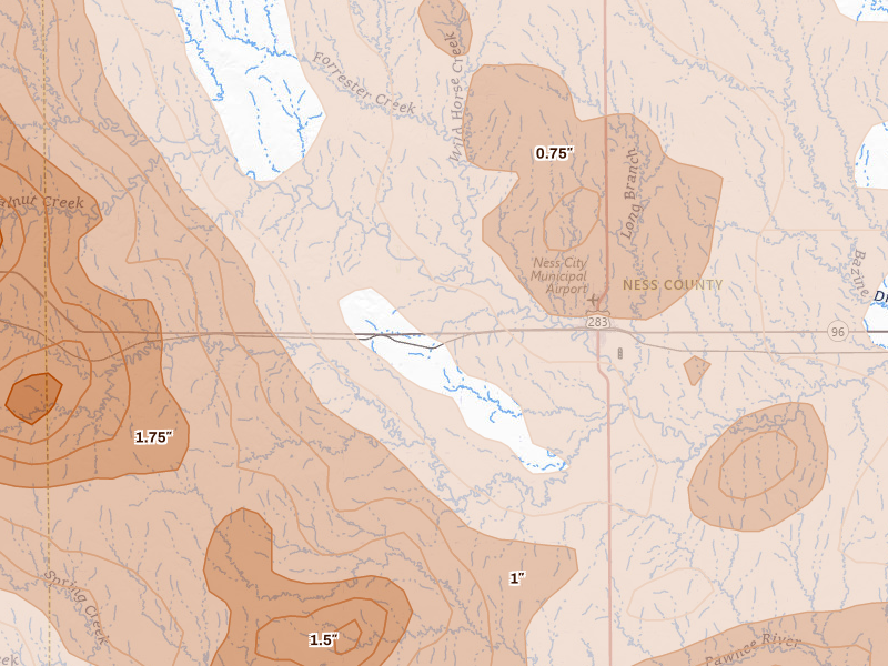 Radar-estimated hail-size map of the storm over Ness City, KS on Jun 20, 2026