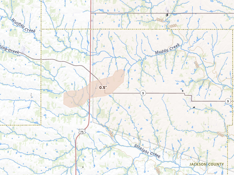 Radar-estimated hail-size map of the storm over Netawaka, KS on Aug 15, 2026