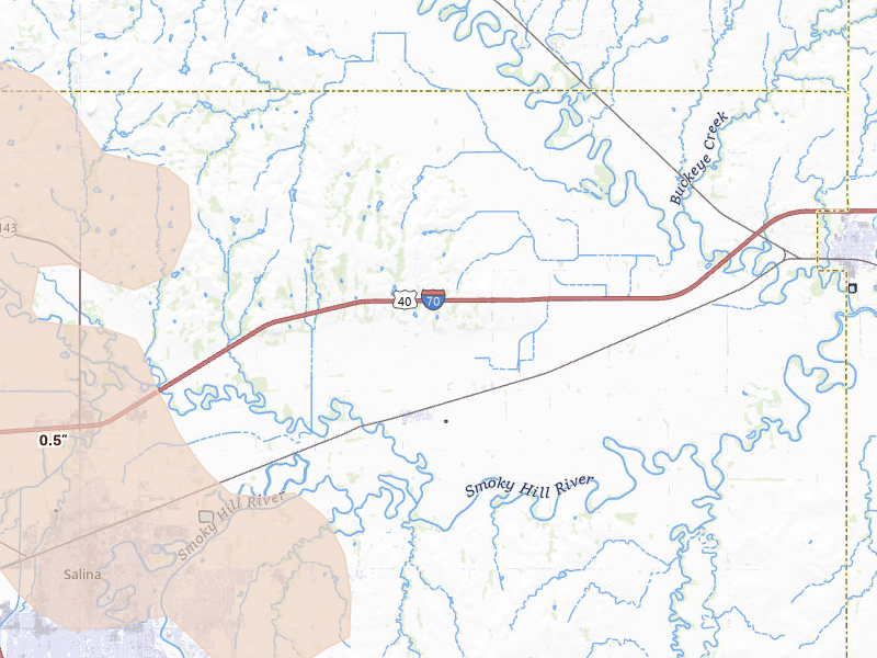 Radar-estimated hail-size map of the storm over New Cambria, KS on Apr 9, 2026