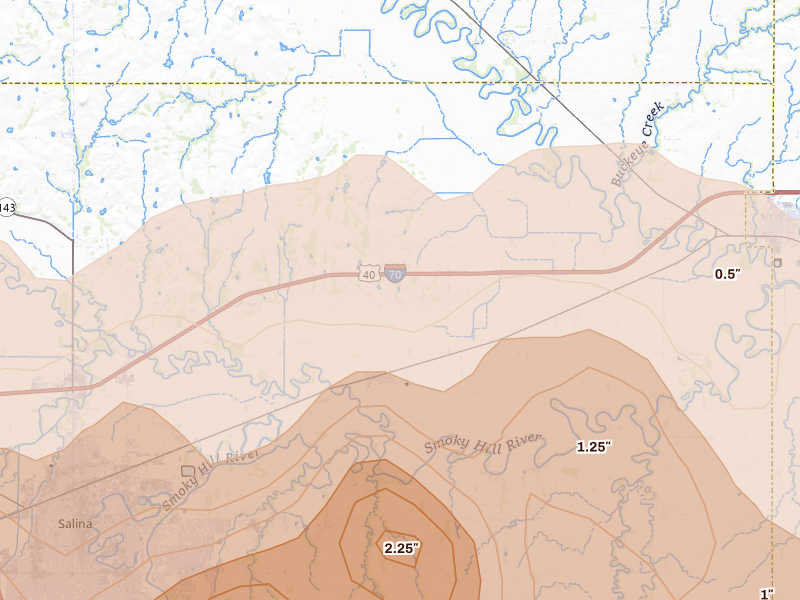 Radar-estimated hail-size map of the storm over New Cambria, KS on Apr 26, 2026